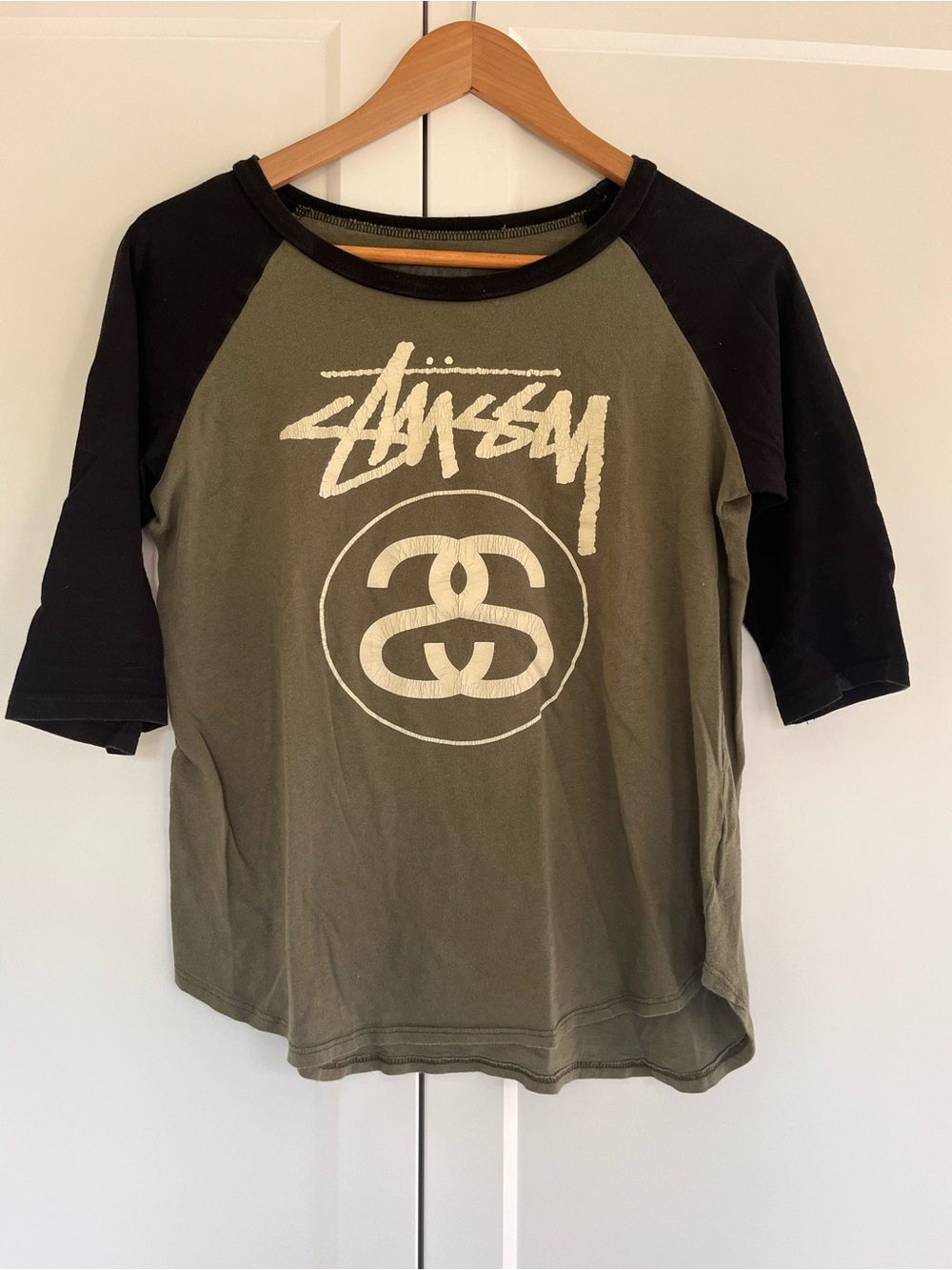 Stussy Olive Green and Black Raglan Long Sleeve Tee